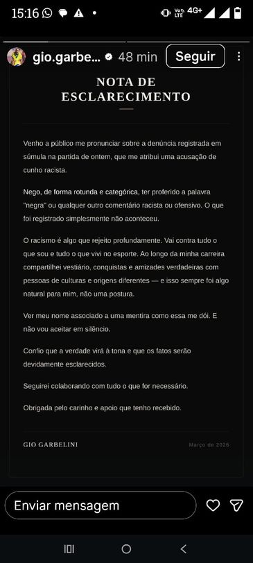 Reprodução Instagram/Gio Garbelini nota de esclarecimento - Gio Garbelini - atacante do Atlético de Madrid - denúncia de racismo
