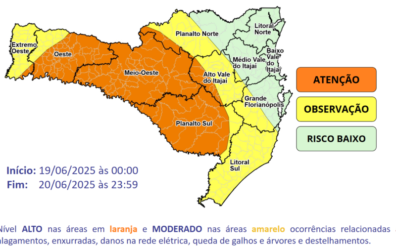 Atenção Meteorológica SDC/SC 18/06 09:30 - Chuva intensa e temporais isolados entre quinta (19) e sexta-feira (20)