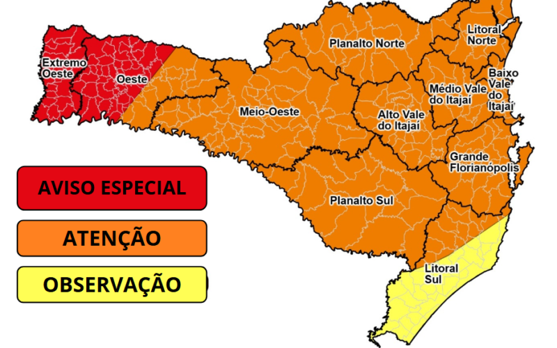 Proteção e Defesa Civil atualiza alerta e eleva para muito alto o risco de tempestades severas para o Oeste e Extremo Oeste de SC