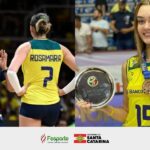 Rosamaria Montibeller e Helena Jonck disputam a liga das nações de vôlei feminino pela seleção brasileira