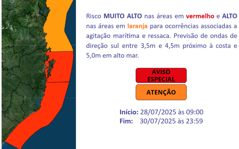 Aviso Especial SDC/SC 26/07 10:00 - Mar agitado e risco de ressaca entre segunda (28) e quarta-feira (30)