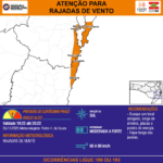 ATENÇÃO - 05/11 19:22 - RAJADAS DE VENTO de quadrante sul, com intensidade MODERADA A FORTE (66 a 89 km/h) na próxima hora
