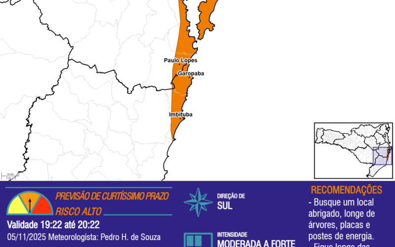 ATENÇÃO - 05/11 19:22 - RAJADAS DE VENTO de quadrante sul, com intensidade MODERADA A FORTE (66 a 89 km/h) na próxima hora