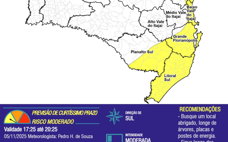OBSERVAÇÃO - 05/11 17:25 - RAJADAS DE VENTO de quadrante sul, com intensidade MODERADA (45 a 65 km/h) nas próximas 3 horas