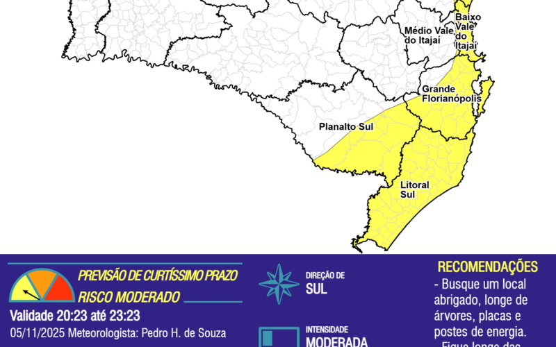 OBSERVAÇÃO - 05/11 20:23 - RAJADAS DE VENTO de quadrante sul, com intensidade MODERADA (45 a 65 km/h) nas próximas 3 horas
